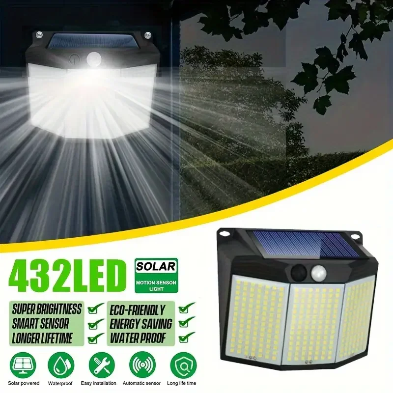 432LED Solar Motion Sensor Light Outdoor Waterproof 3 Lighting Modes Security Street Lamp Exterior Wall Pathway Illumination