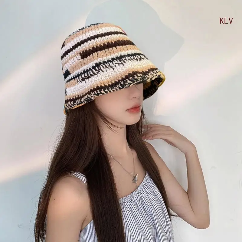 

Handmade Knit Stripe Bucket Hat for Woman Weaving Stripe Pattern Floppy Bucket Hat Adult Teens Winter Fisherman Cap