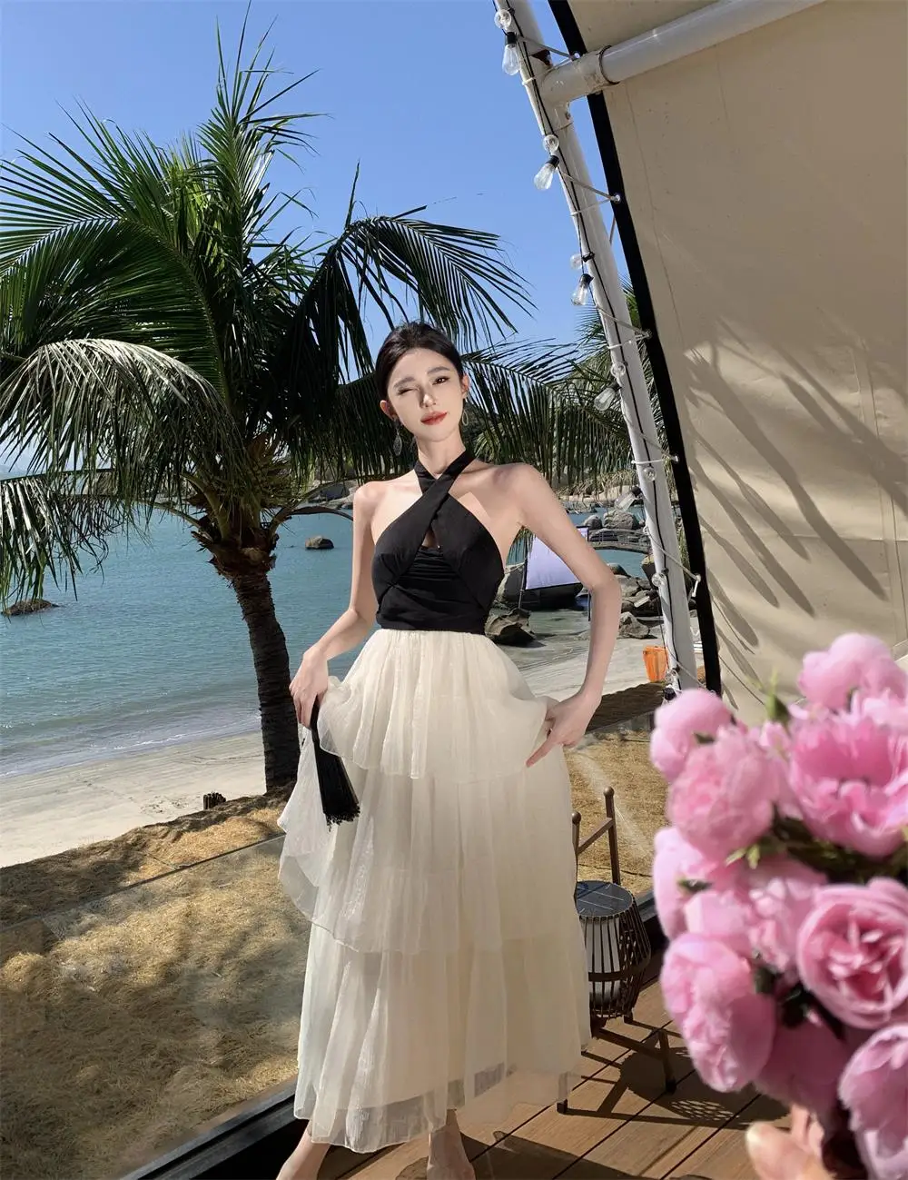 Elegant Patchwork Ruffles Cake Dresses for Women Halter Sleeveless Backless Evening Party Dress Prom A-line One Piece Vestido