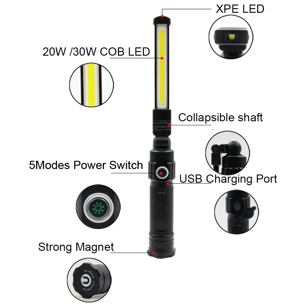 COB XPE LED Camping Emergency Flashlight 18650 USB Garage Work Light 360&deg; Folding Magnetic Inspection Lamp Red SOS Strobe