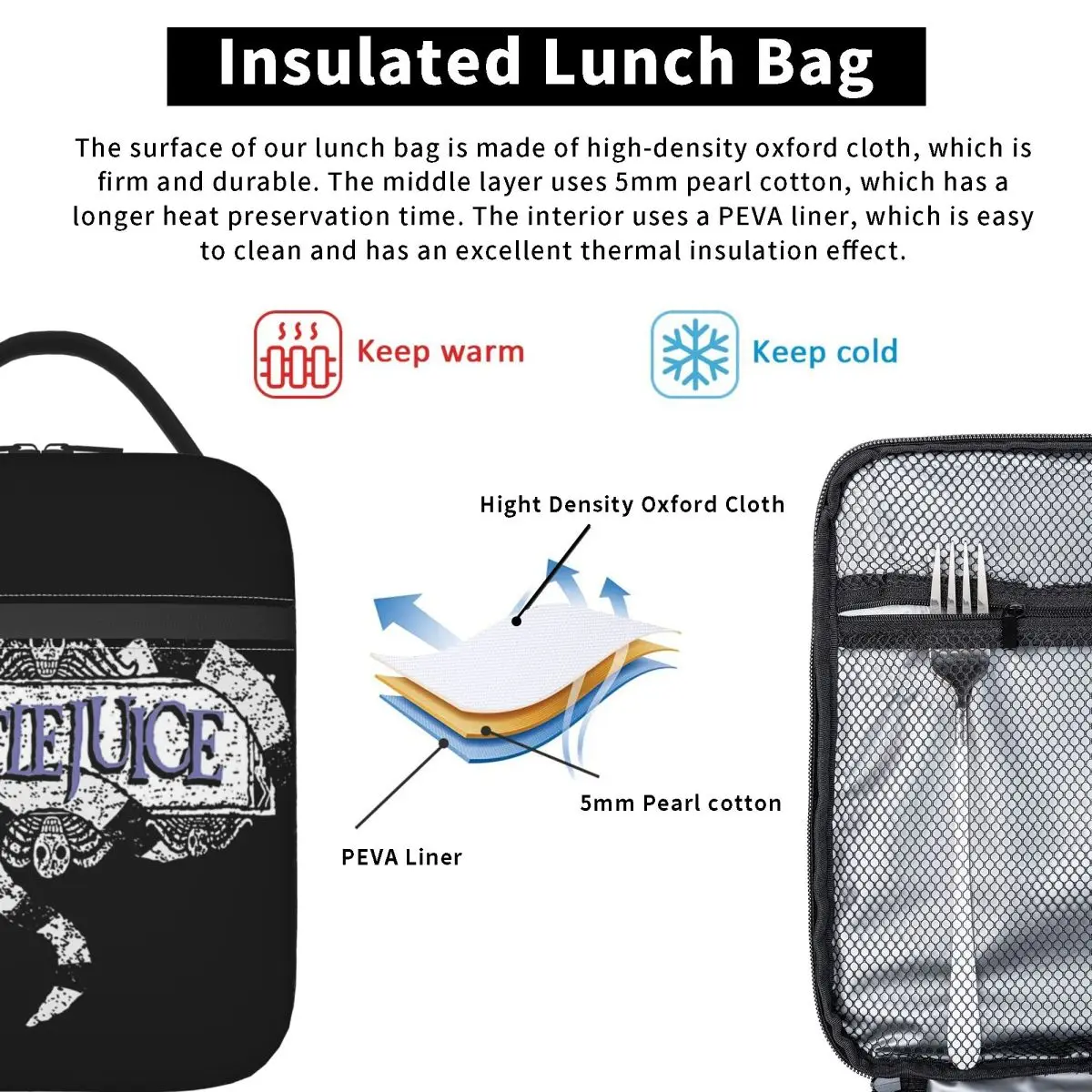 B-Beetlejuice Horror Movie Accessories Insulated Lunch Bag School Halloween Food Box Portable Casual Thermal Cooler Lunch Box