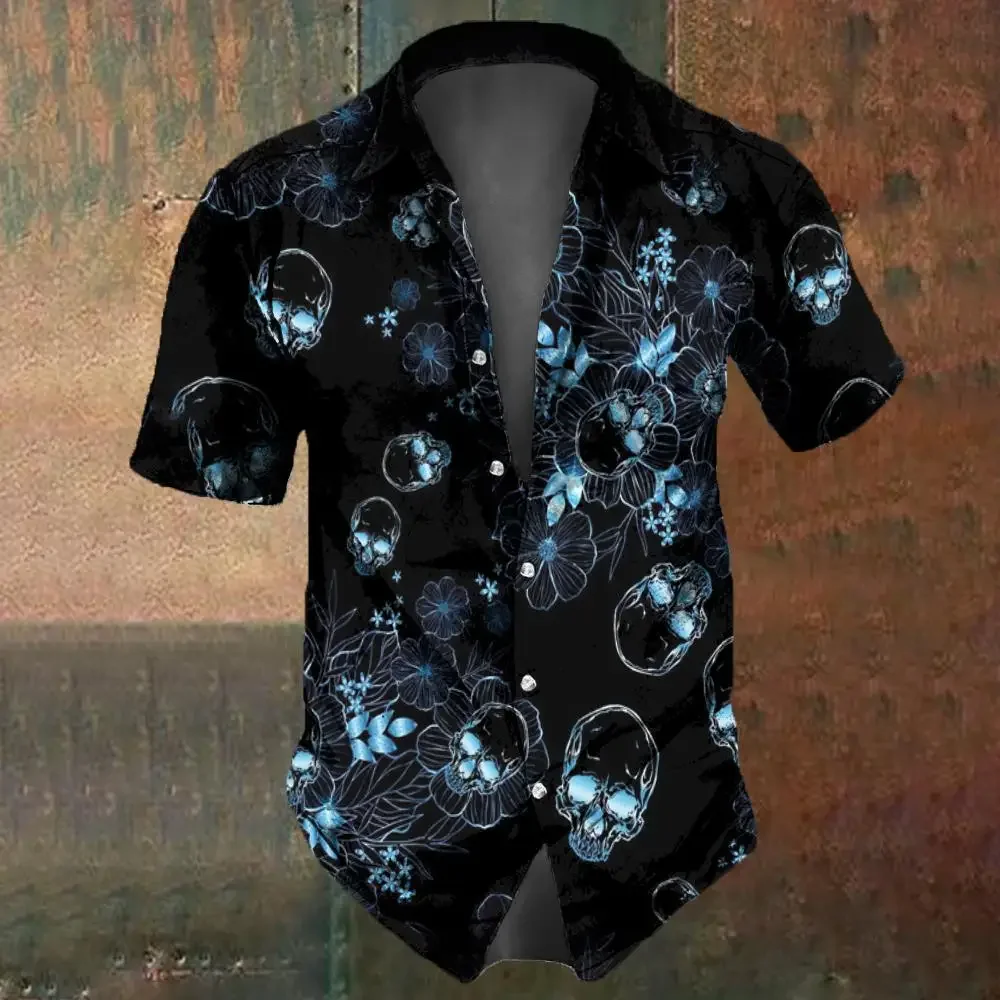Retro Flower Skull Print Men's Shirt Summer Fashion Street Hip Hop Tops Oversized T-Shirts casual short sleeved shirt short sleeved shirt