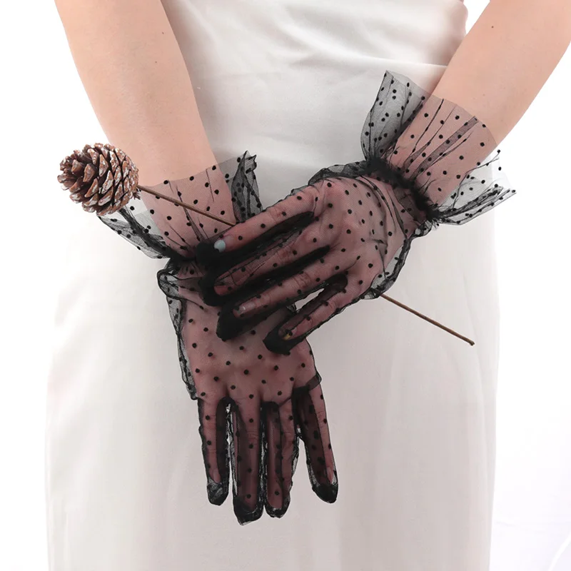 

Women Sexy Lace Gloves Transparentes Dot Mesh Short Tulle Mittens Club Prom Party Dancing Fishnet White Dress Breathable Glove