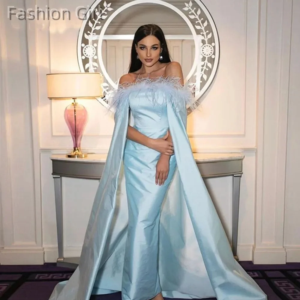 

Elegant Sky Blue Taffeta Feathers Evening Dresses Mermaid Long Cape SleevesDubai Formal Prom Gowns Party Occasion Dresses 2023