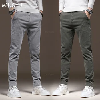 MINGYU 남성용 클래식 작업 스트레치 카고 바지, 코튼 슬림 핏 그레이 그린, 한국 가을 겨울 두꺼운 캐주얼 바지, 신제품