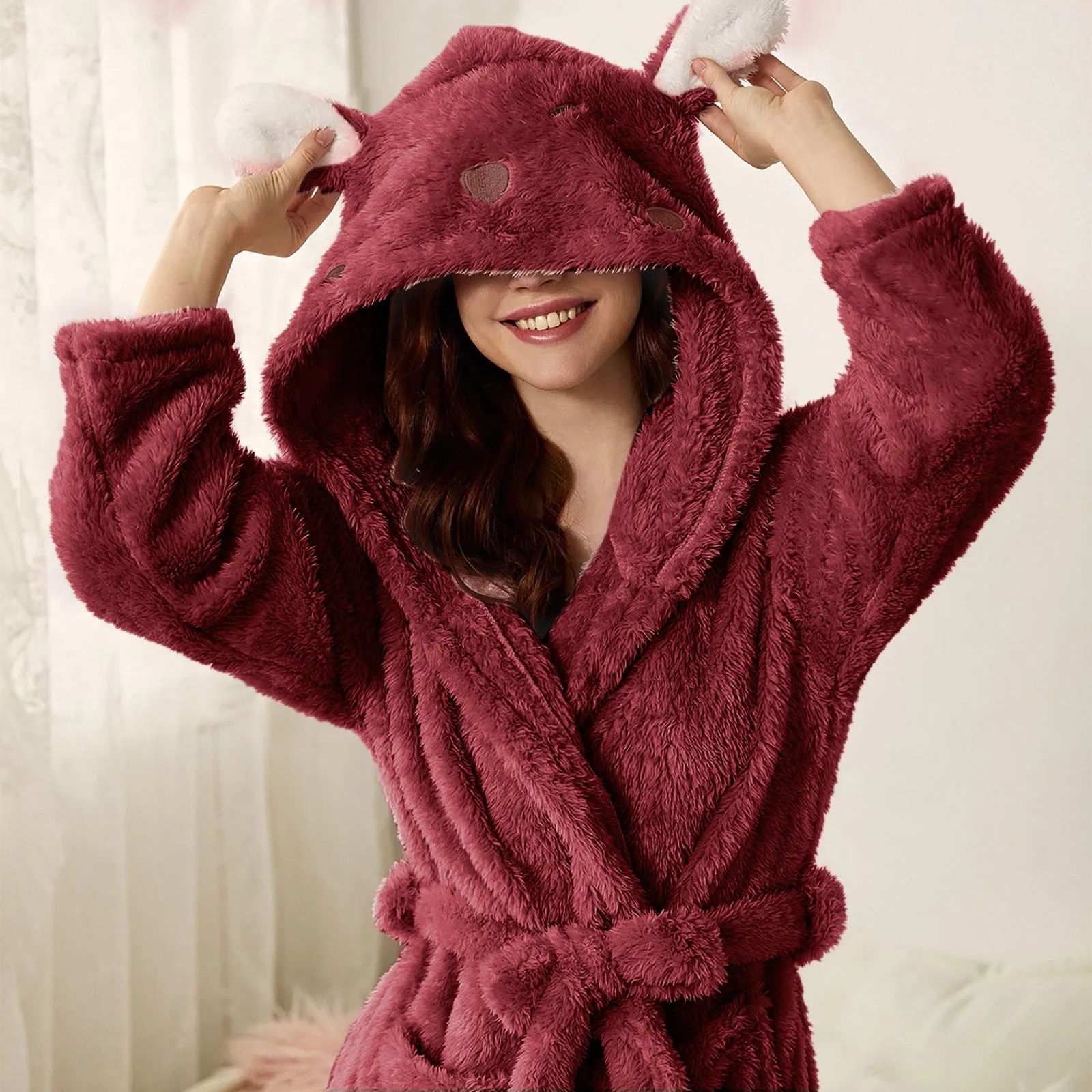 Thicken Fuzzy Robes Bathrobe Long Women Cute Ear Warm Hooded Robe