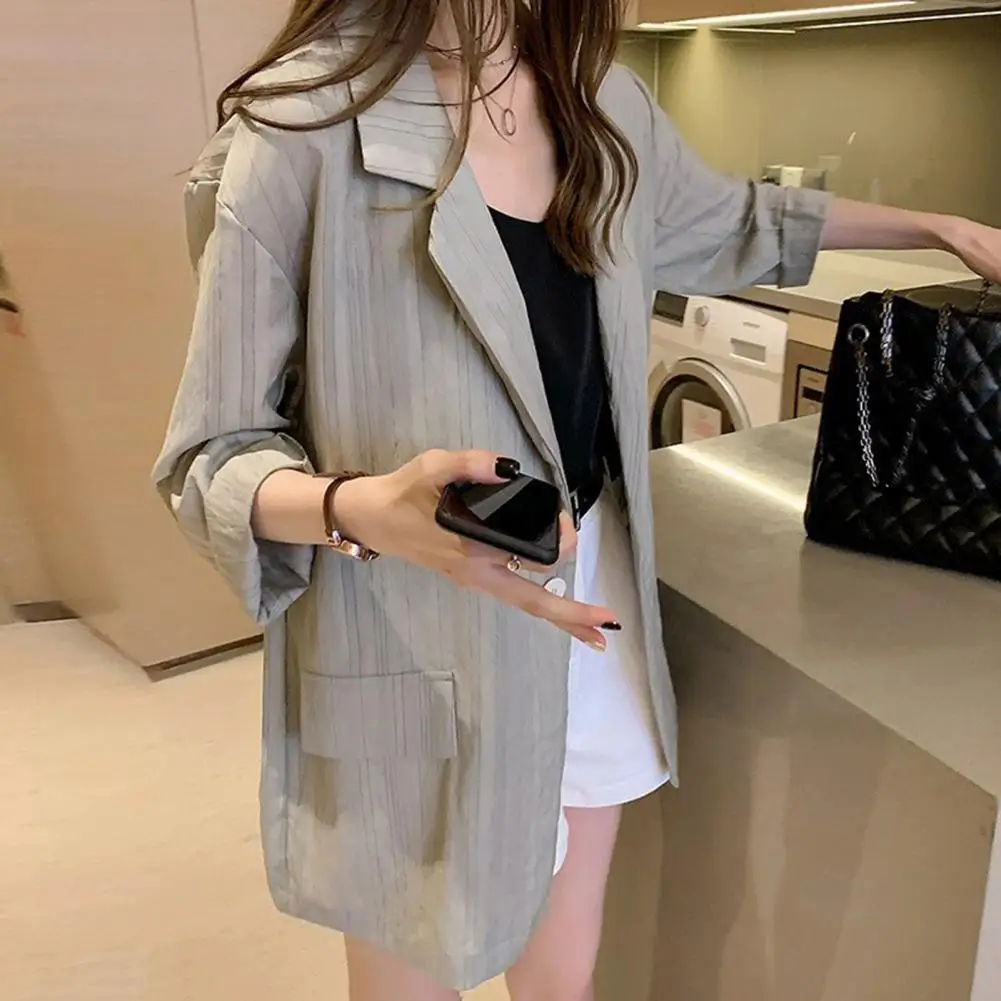 

Striped Lapel Suit Coat Chic Striped Women's Suit Coat with Lapel Flap Pockets Single Button Closure A Fashionable for Any
