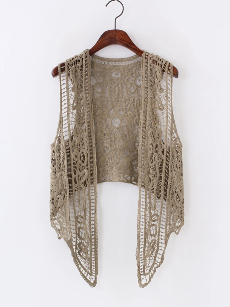 

Asymmetric Open Stitch Cardigan Summer Beach Boho Hippie People Style Crochet Knit Embroidery Blouse sleeveless Vest 2022