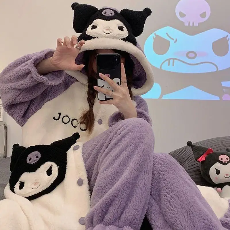 

Милые милые толстые плюшевые Пижамные брюки Sanrio Kuromi костюм домашняя одежда зимние теплые практичные Мультяшные рождественские подарки для девушки