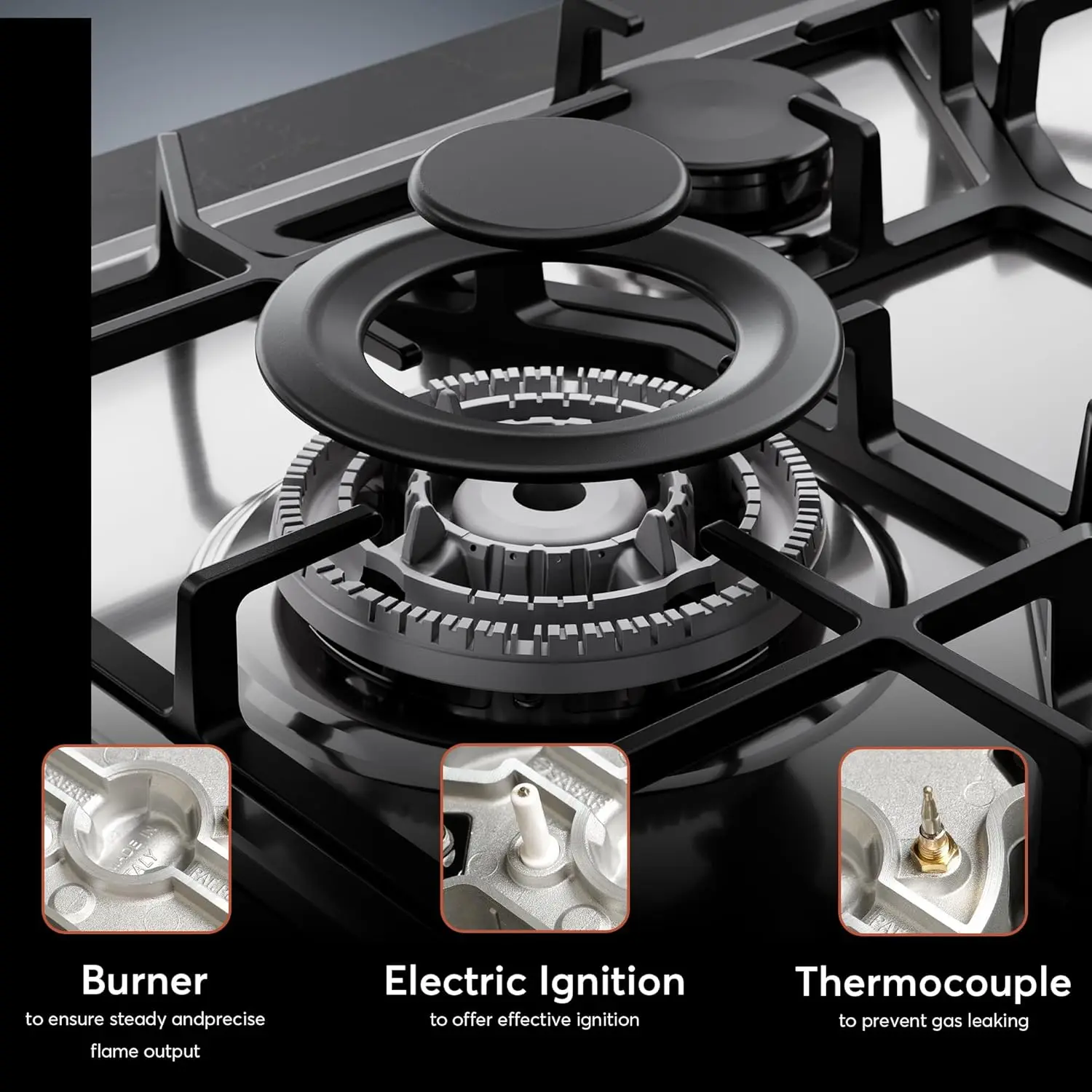24" Gas Stove Cooktop 4 Italy Sabaf Sealed Burners NG/LPG Convertible Stainless Steel Cooker, 24 Inch