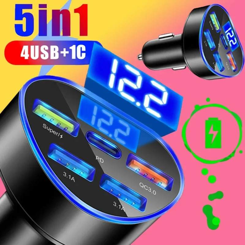 

12-24V 5 in 1 Car Charger Car Digital Lighter SCP/QC3.0 Super Fast Charging 4USB Phone Charger for IPhone Xiaomi Samsung Huawei