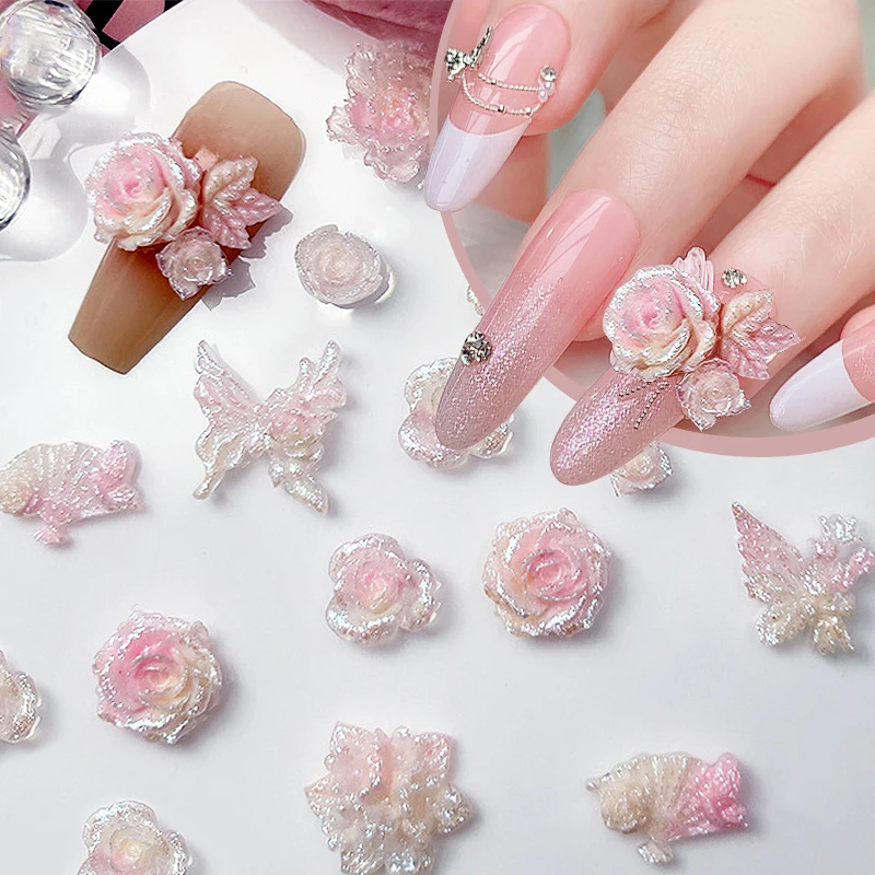 3D Shiny Pink Flower Butterfly Nail Art Charm Glitter Grow In Dark Effect Nail Decoration DIY Luxury Manicure Nails Accessories