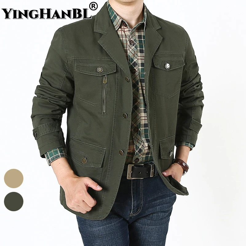 Spring Fall Men Military Blazer Jacket Autumn Casual Cotton Washed Solid Coats Army Bomber Suit Jackets Denim Cargo Trench