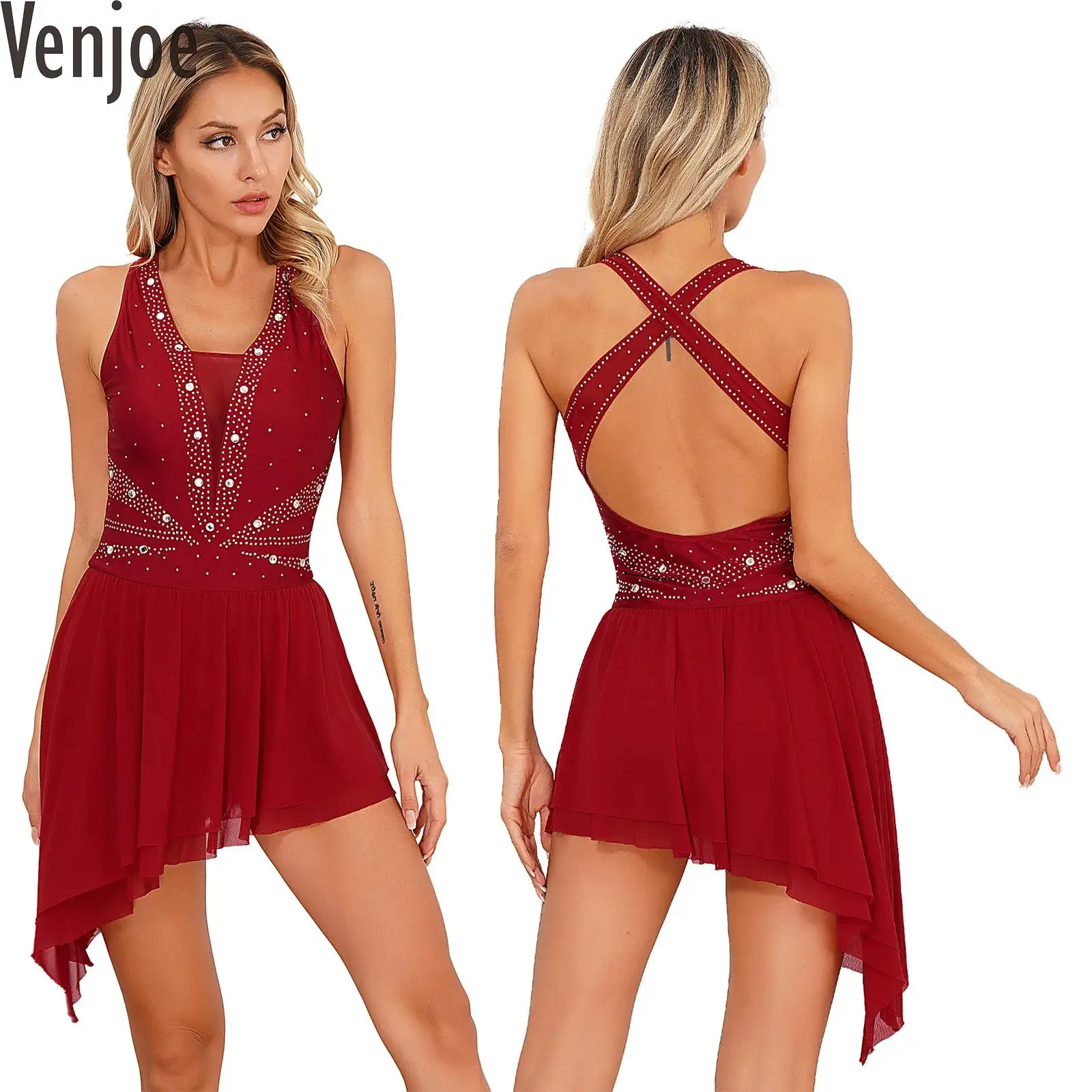 

Womens Lyrical Dance Costume Ballet Gymnastics Dress Glittery Rhinestone Sleeveless Figure Skating Dance Performance Dresses