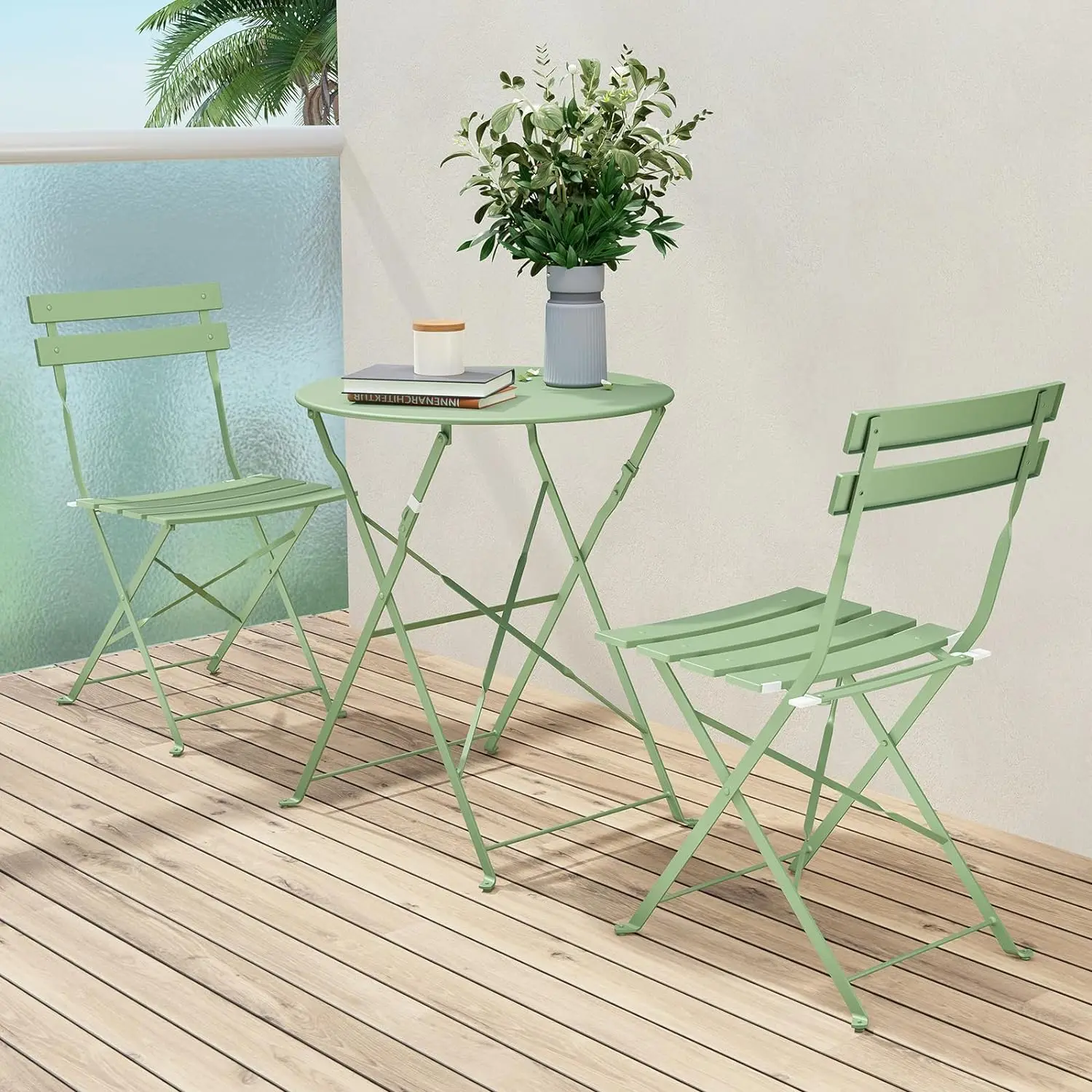 

Frame bistro set, foldingurniture set, 3 piece patio set folding table and chair, sage green