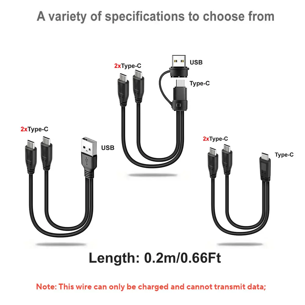 Compact Dual Output USB-C Charging Splitter Cable, 20cm