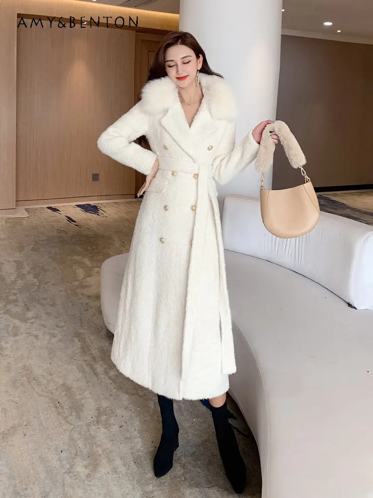 

Высококачественное женское темпераментное длинное шерстяное пальто 2023 осень и зима женское двубортное шерстяное пальто с меховым воротником и стеганой талией