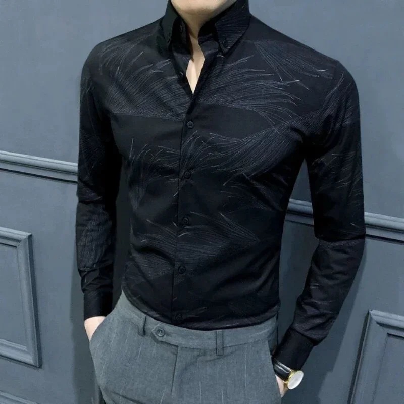 thumbnail image 1 of Ropa con Estampado Hombre Negro Tops Gráficos Camisas y Blusas de Lujo para Hombre Manga Larga Mangas Estilo Coreano Marca Barata Seda I, 1 of 5