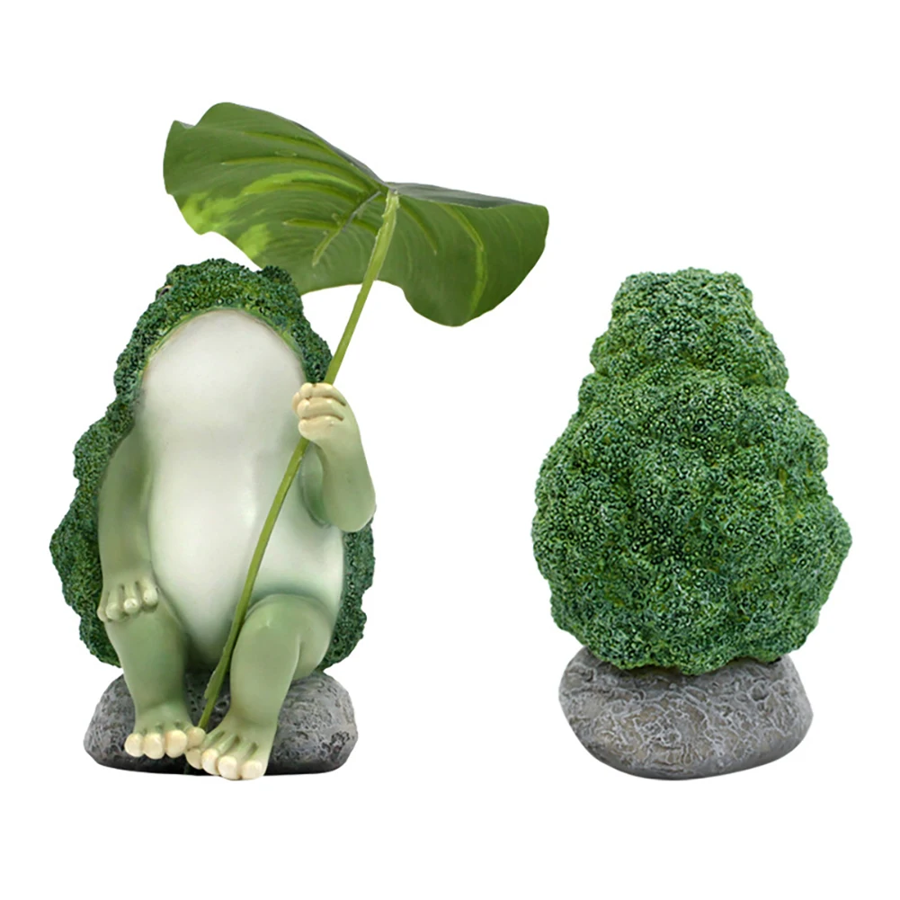 Outdoor Frog Figurines Garden Resin Broccoli Frog Holding Lotus Leaf Sitting On Rock Sculpture Ornament for Patio Backyard Lawn