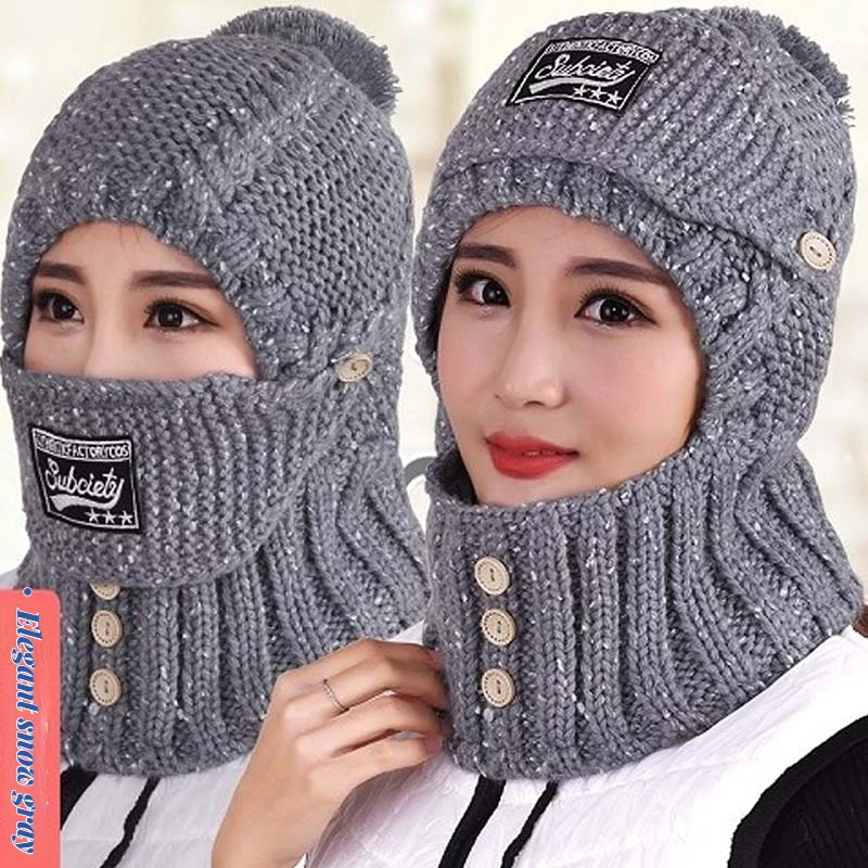 2022 Nuovo Inverno Berretti Lavorati A Maglia Delle Donne di Spessore Caldo Skullies Cappello Passamontagna Femminile Cofano Equitazione All'aperto Set di Colori Solidi_voghion.com