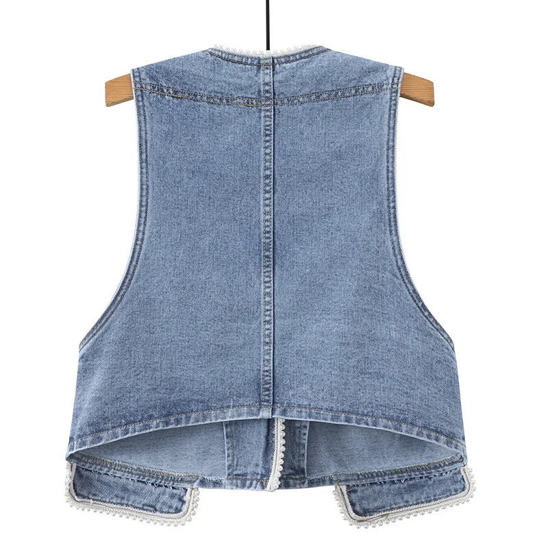 Spring and Summer 2023 New Women's Beaded Sleeveless Jacket Vest Cowgirl Vest One Button Plus Size All-match Slim Jeans Jacket