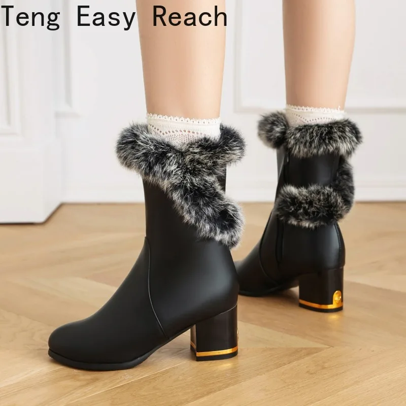 Winter True Fur Warm Women's Boots Fashion Zipper High Heels Women's Plush Ankle Boots Street Style White Ankle Boots for Women
