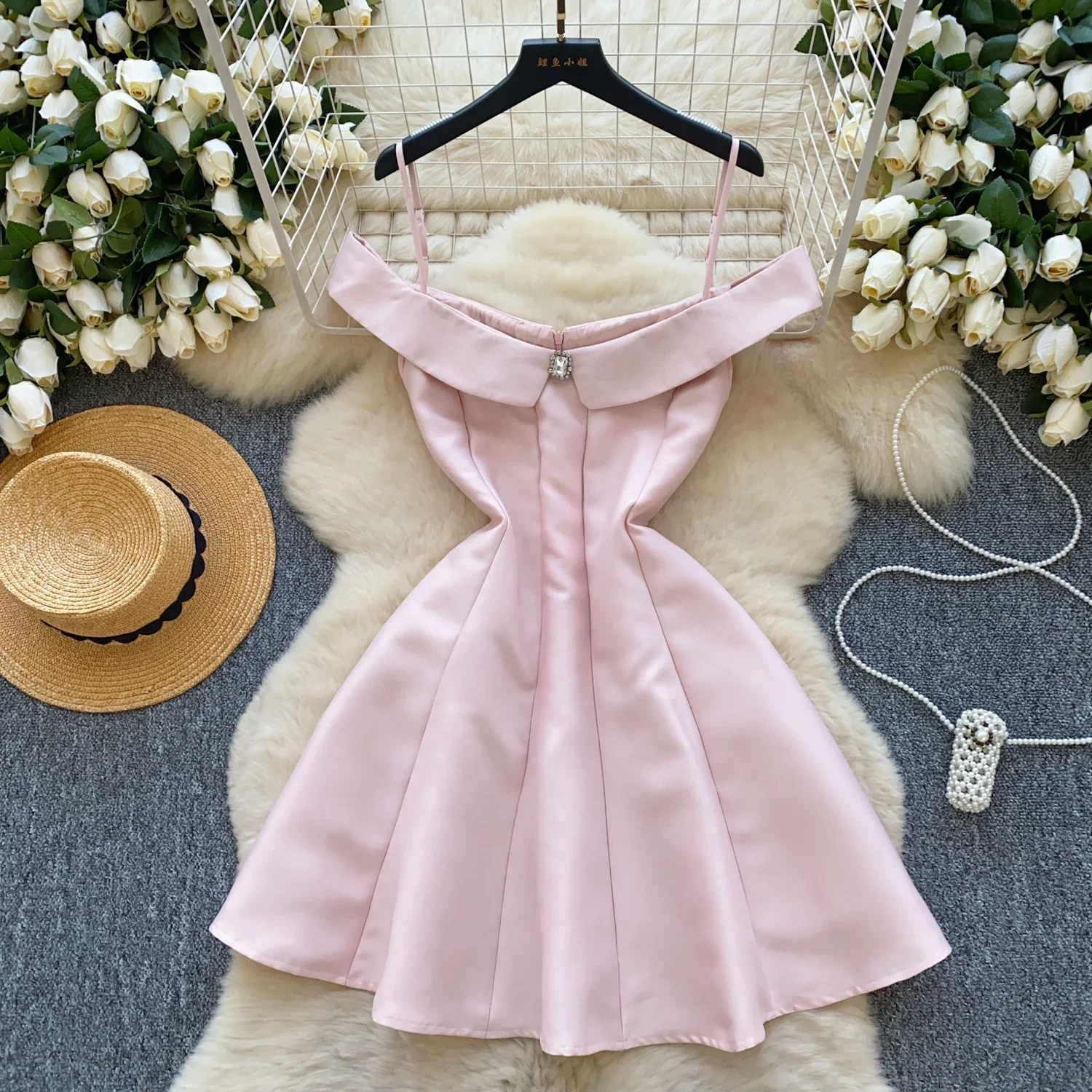 Hotsweet Elegant Sleeveless Sexy Straps Slash Neck Vintage Rhinestone Slim  Ball Gown Dresses Birthday Party High Street Clothing