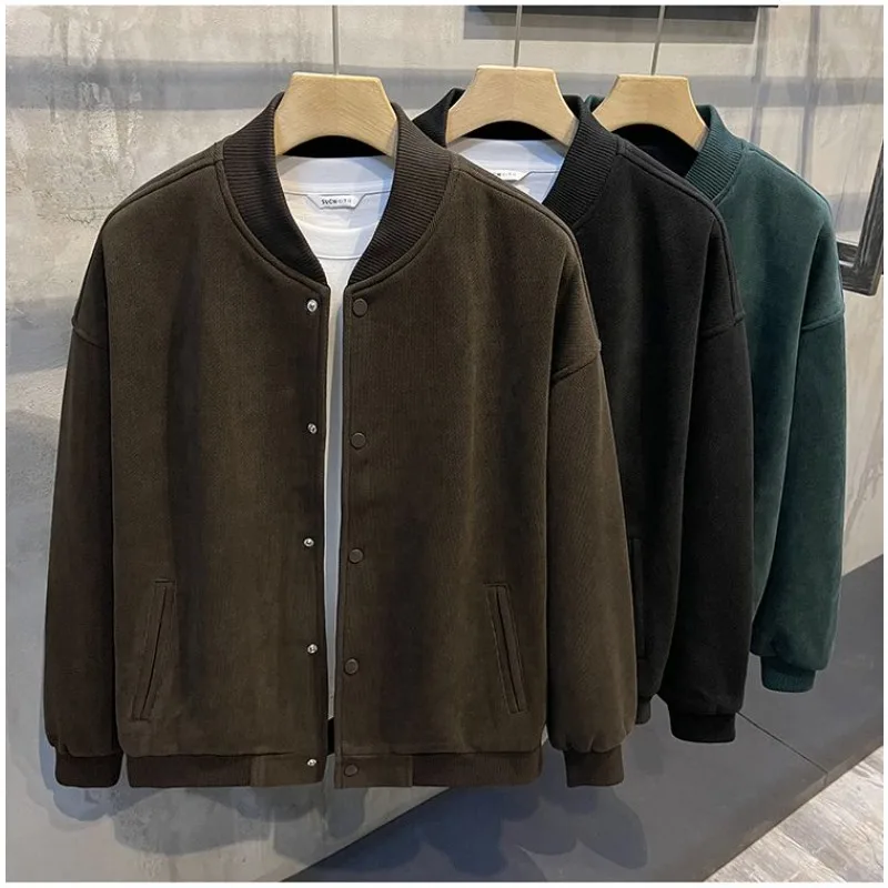 Description Picture 6 of item2024 New Retro Casual Baseball Coat Men's Solid Color Simple Long Sleeved Warm Jacket Top Trendy Spring Autumn and Winter Wear