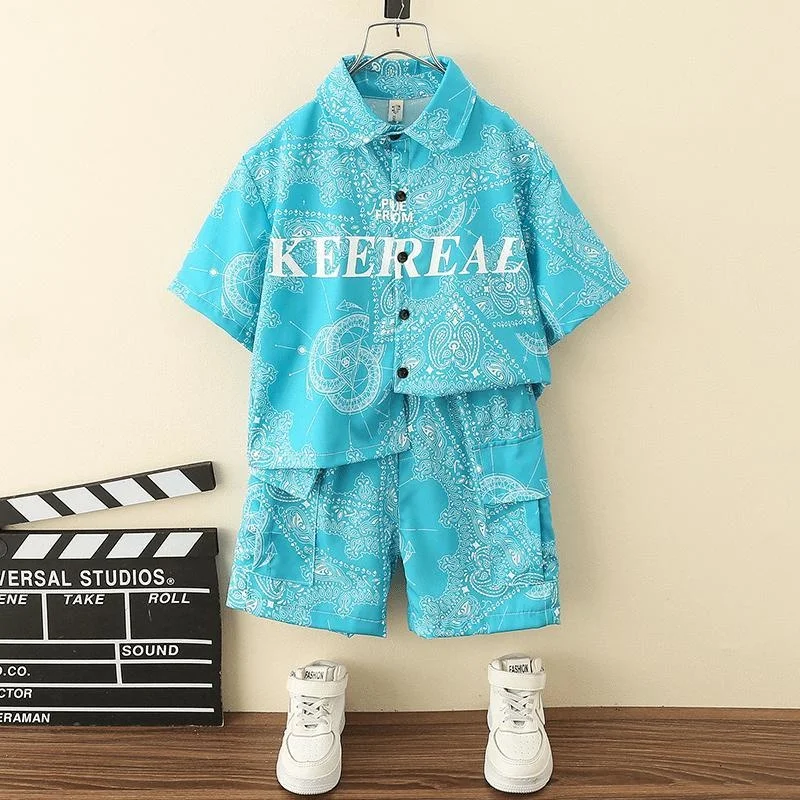 

Boys' Summer Shirt Shorts Two-piece Suit Korea Style 2023 New Children's Fashionable Cashew Flower Street Dance Clothing Sets