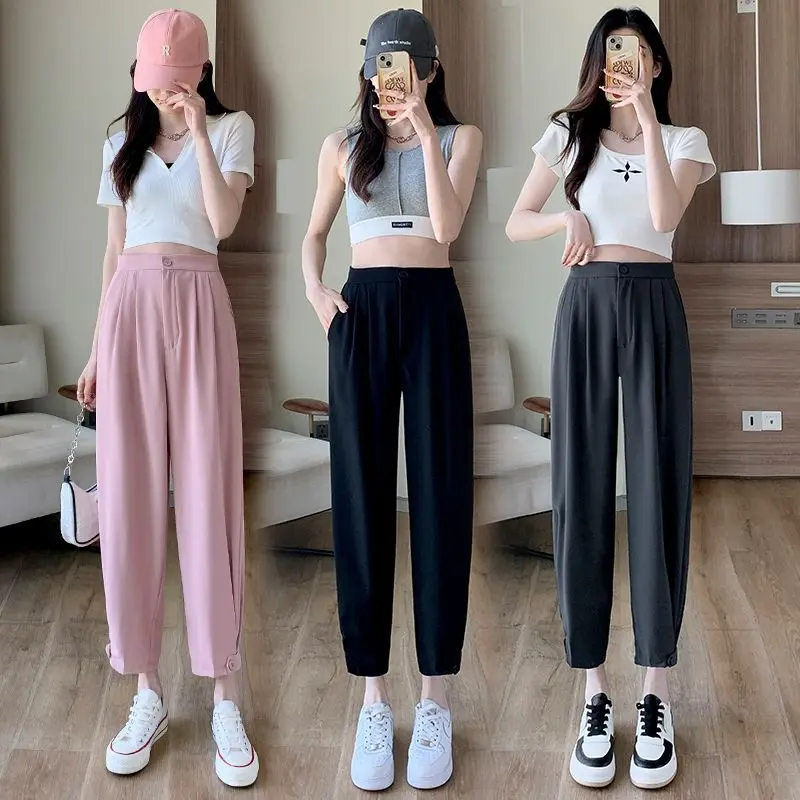 2024 Elegant Fashion Harajuku Slim Fit Female Clothes Loose Casual All Match Sports Pants Solid Pockets Button Wide Leg Pants