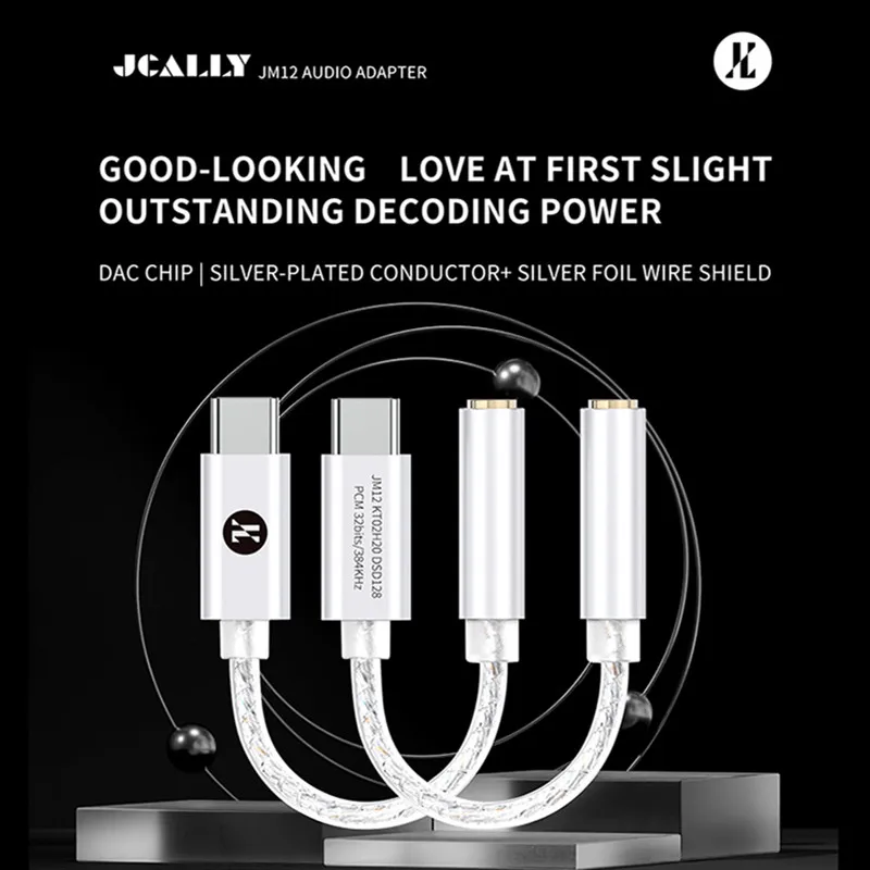 JCALLY JM12 Digital Audio 3.5mm aux adapter Type-C to 3.5mm Audio Adapter KTO2H20 DAC Chip 32bits/384KH DSD128