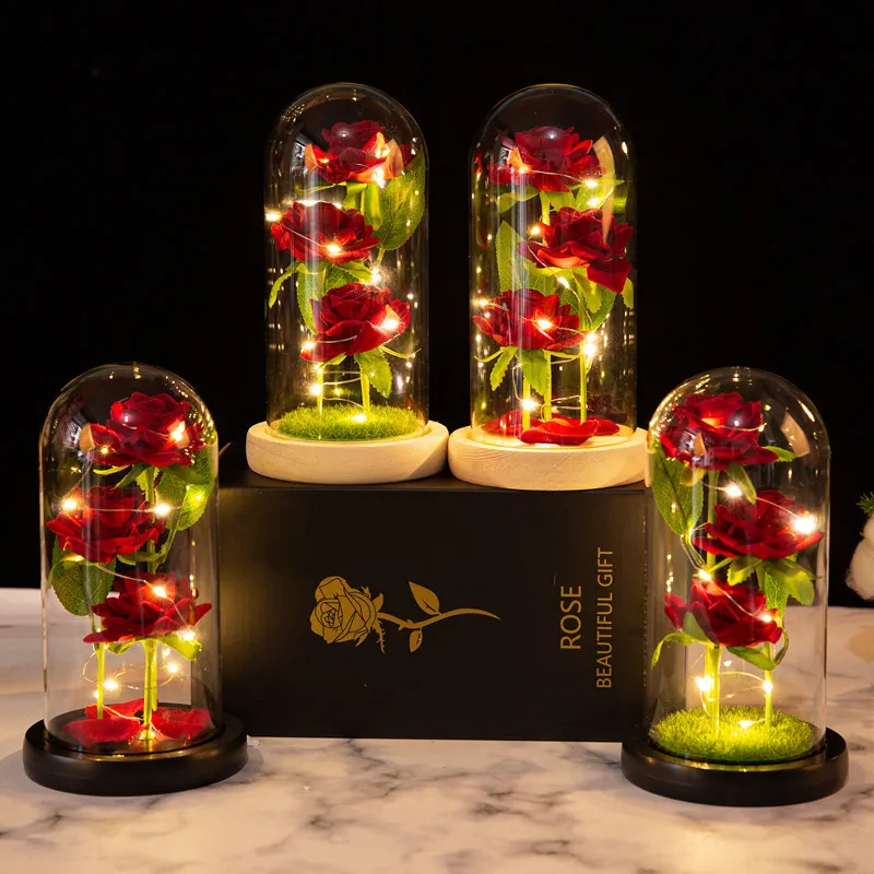 Mothers Day Wedding Favors Bridesmaid Gift Immortal Simulation Rose Glass Cover Luminous Led Ornament