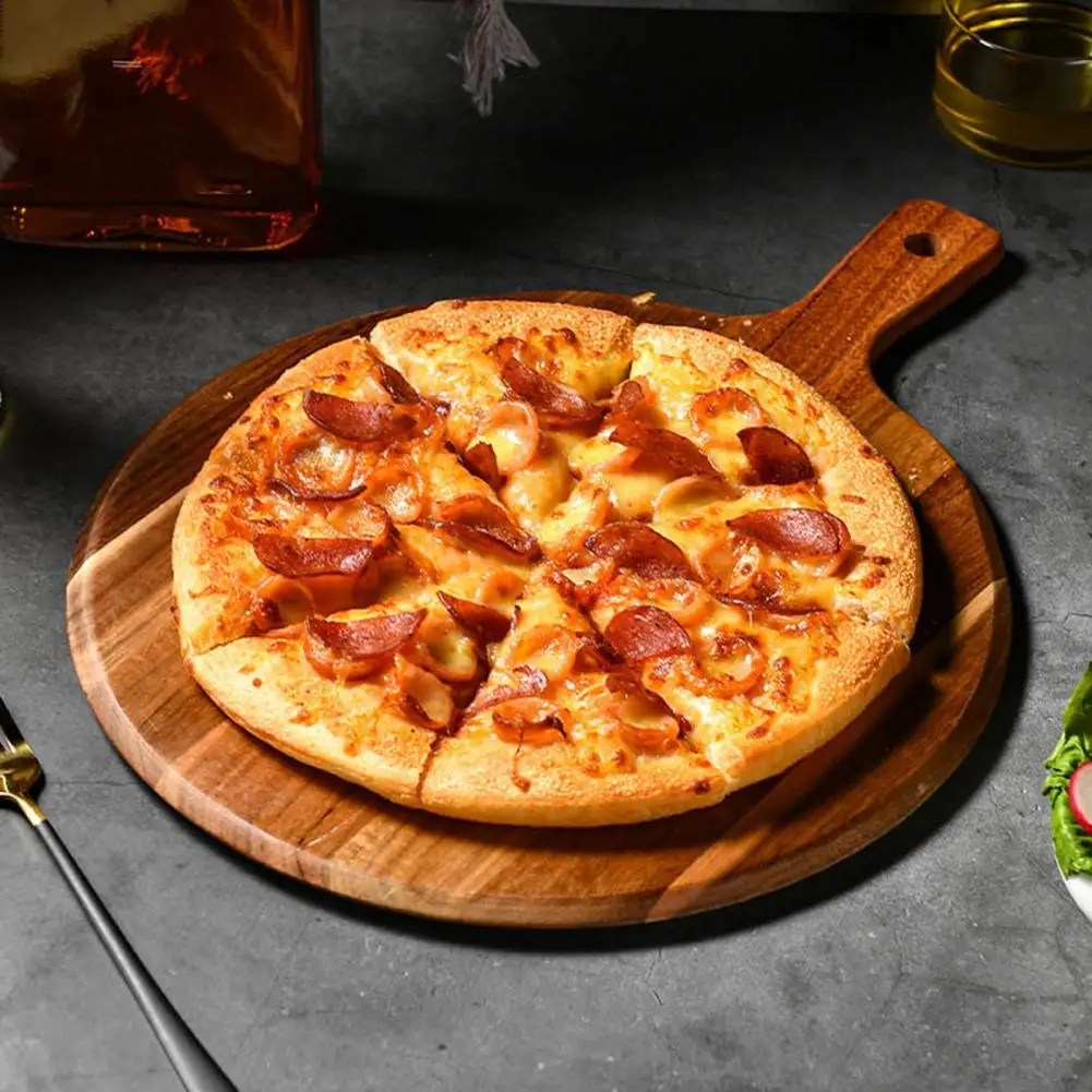 Wooden Pizza Pan Long Handle Round Multifunction Cutting Chopping Board Vegetable Cake Bread Dessert Steak Meat Serving Tray