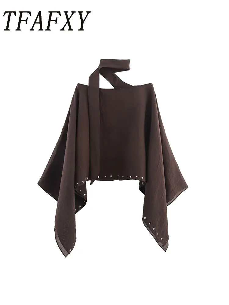 TFAFXY 2025 ropa de calle elegante capa de mujer remache sólido cuello redondo bufanda cuello manga larga capa suelta nueva moda prendas de vestir