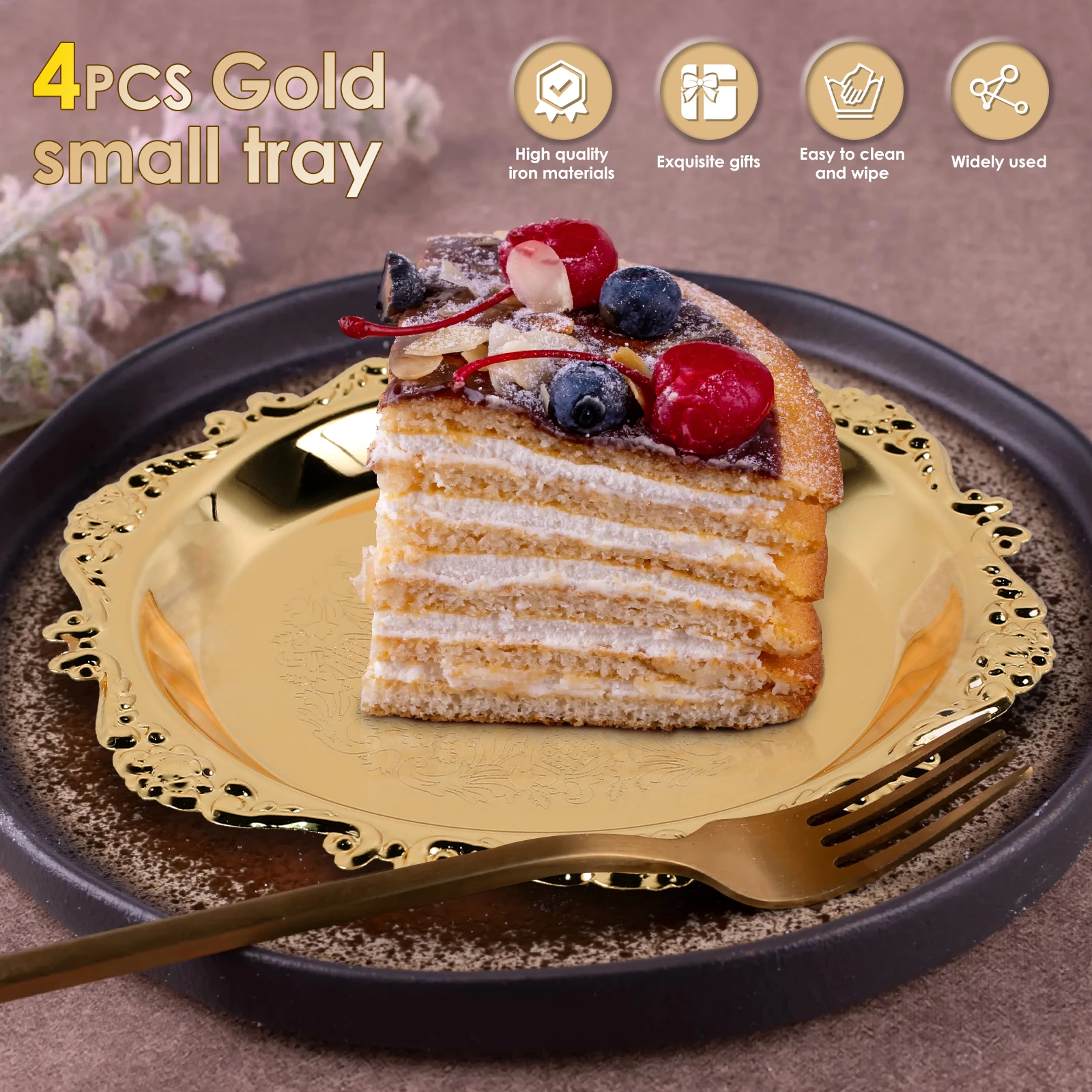 4Pcs Golden Tray Dipping Saucer Metal Exquisite Plate Dish Key Tray Food Drinks Snack Coffee Cup Coasters Dining Table Decor