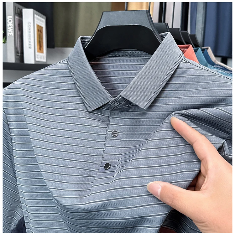 High Quality Summer Men's Business Casual Short Sleeve Comfortable Stripe Lapel Fashion Polo Short Sleeve No Trace T-shirt Top 19 S861060d164b043ed9f18e0dc74701b3bp