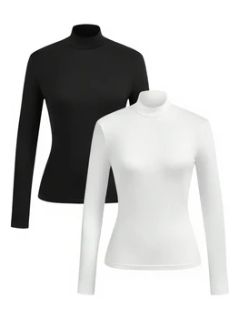 Women's high-neck brushed fitted long-sleeved basic layer T-shirt set, suitable for autumn/winter wear 1