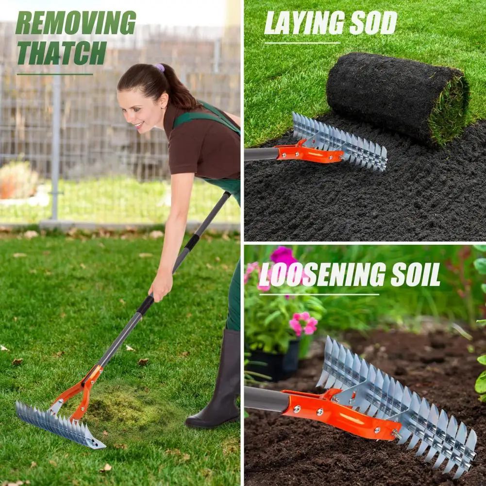 Weeding Steel Thatch Rake with Adjustable Double-Sided Rake Tine Detachable Long Handle Garden Grass Grooming Rake for Lawn 2