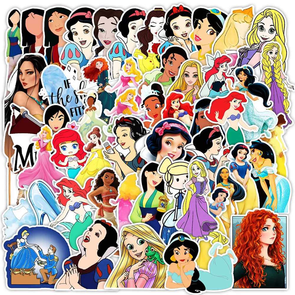 

10/30/50pcs Mixed Disney Anime Princess Graffiti Stickers Cute Snow White Rapunzel Mulan Cartoon Decals for Phone Guitar Luggage