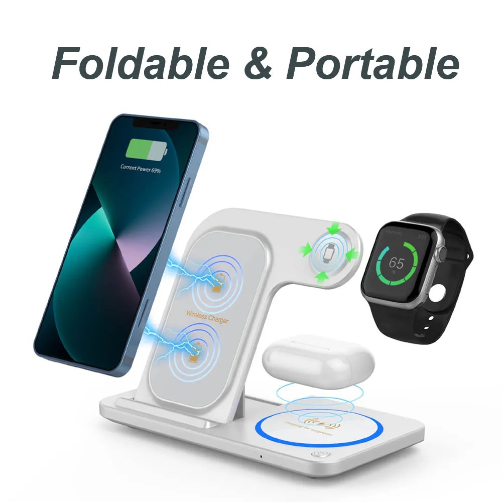 Caricabatterie Wireless Portatile Per Iphone 15 Pro Iphone 12 Iwatch Air Pods Samsung Huawei Led Stazione Di Ricarica Rapida Wireless Pieghevole