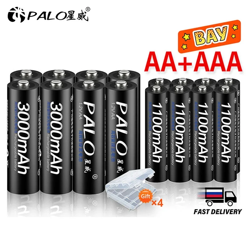 PALO 4Pcs 3000mAh 1.2V AA Rechargeable Batteries+4Pcs 1100mAh 1.2V AAA Battery NI-MH AA AAA Rechargeable Battery for Camera Toy