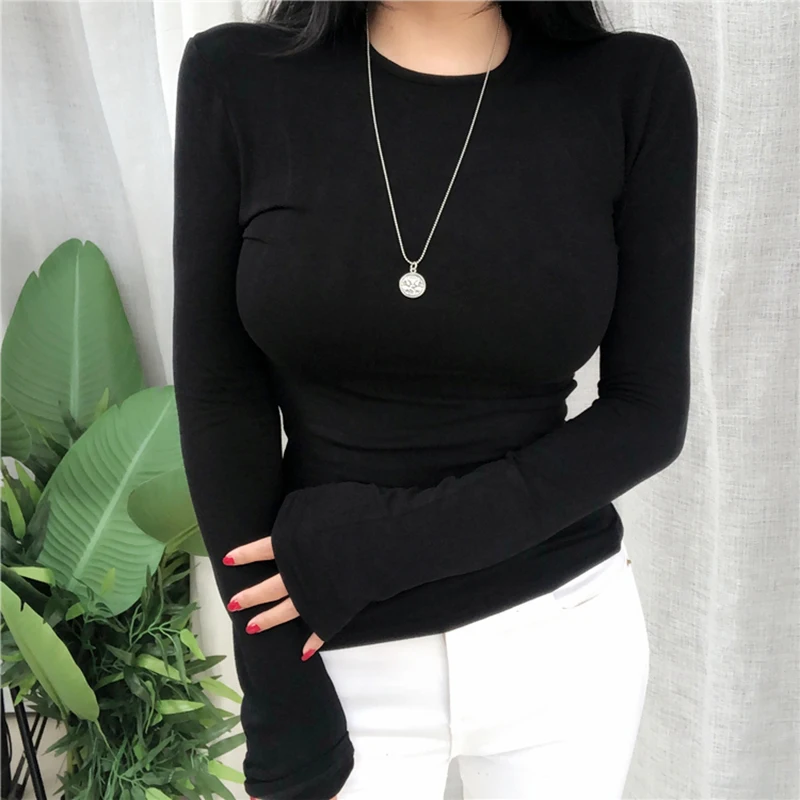 

Korean Style Womens Clothing Basic Tops Female Long Sleeve Slim White T Shirt Women Summer O Neck Tshirts Casual Tee Shirt Femme