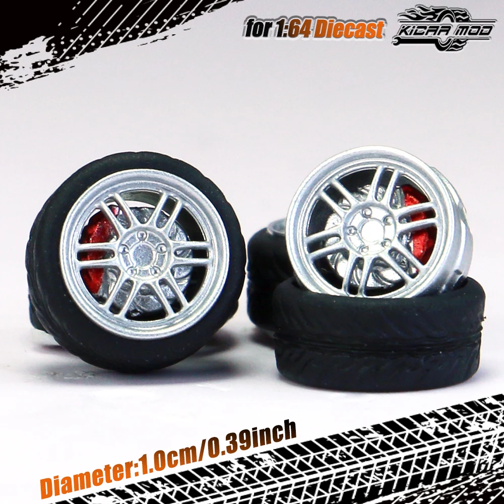 Kicarmod 1/64 Model Car ABS Wheels with Rubber Tire Brake Disc Refitting Parts Diameter 10mm For Model Car Tomica MINI GT