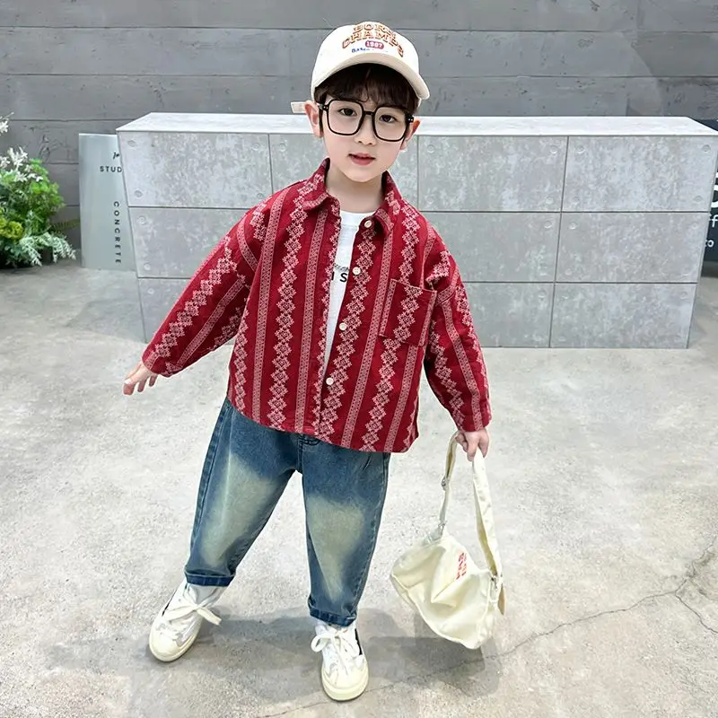 보헤미안 레트로 소년 스트라이프 플로럴 긴팔 면 셔츠 어린이 봄 캐주얼웨어