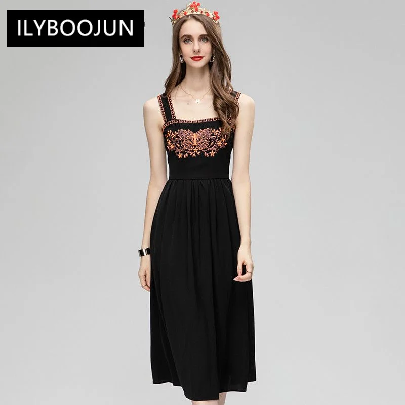 

Summer Black Vintage Sling Dress Women Square Collar Backless Embroidery Beading High Waist Long Dresses For Women 2023 Runway