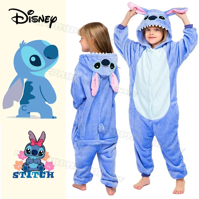 Disney Lilo & Stitch One-Piece Pajamas Children Cartoon Plush Kigurumi  Onesies Winter Warm Clothes for Boys Girls Christmas Gift