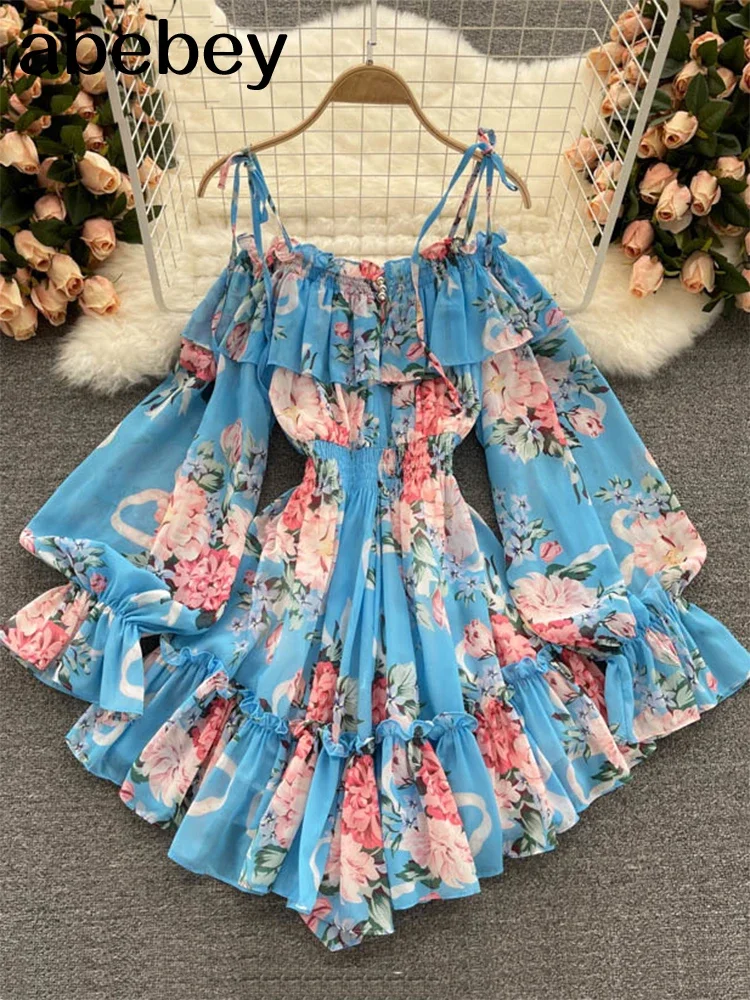 

Women Off Shoulder Strap Dress Slash Neck Puff Sleeve Wide Leg Jumpsuits Summer Bohemian Print Vacation Short Playsuit