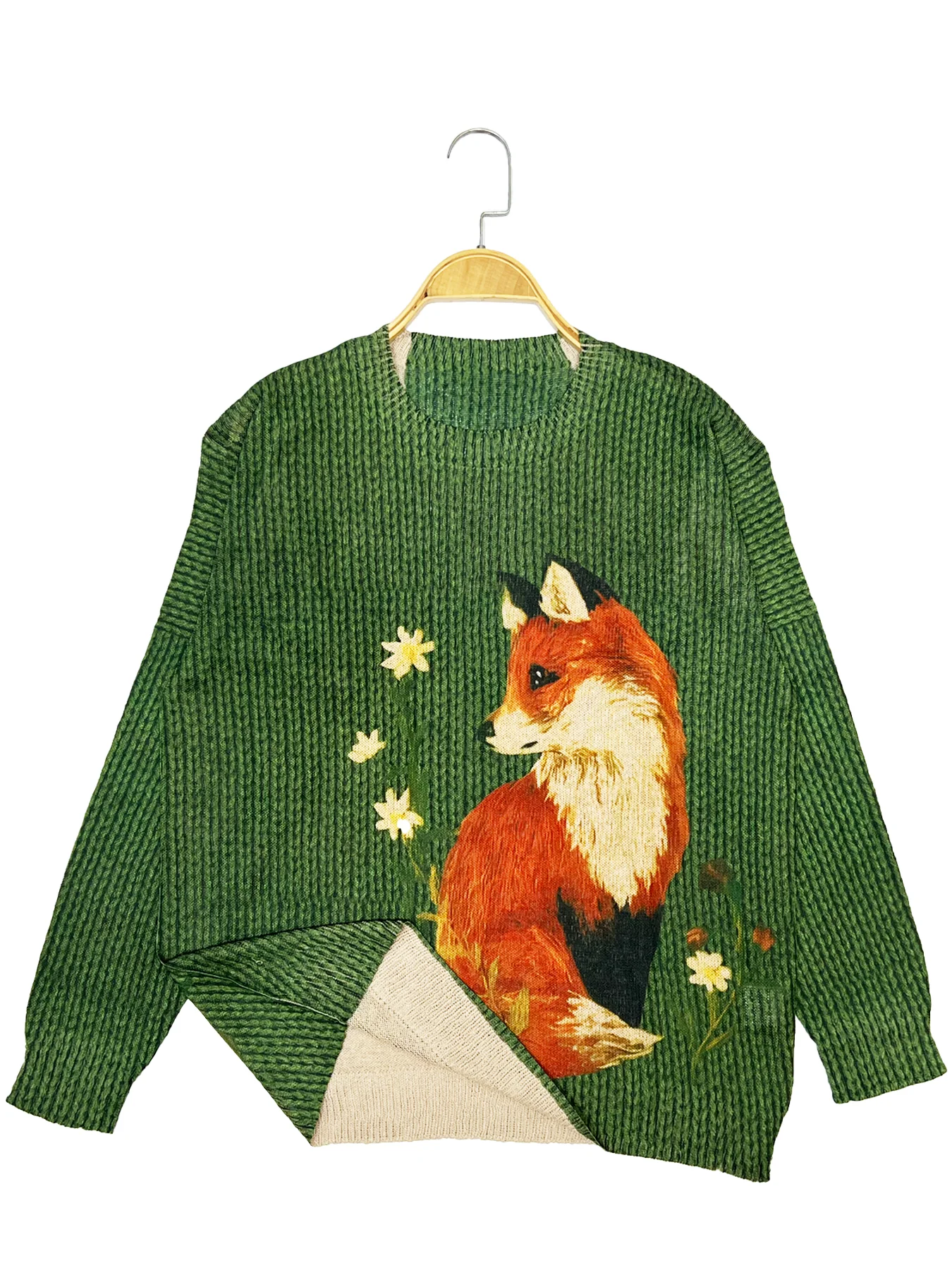 Autumn and winter new chic versatile long-sleeved women's top with fox animal digital print pattern stylish women's thin sweater 5