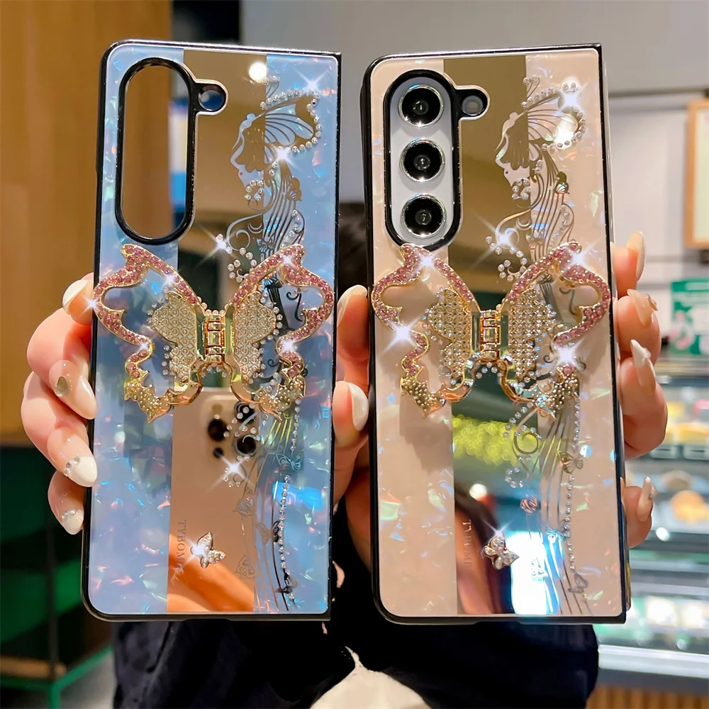 Tybomb Design New Butterfly Glitter Metal Ring Case Per Galaxy Z Fold 5/Z Fold 4/Z Fold 3 Cover Protettiva Lucida Pieghevole
