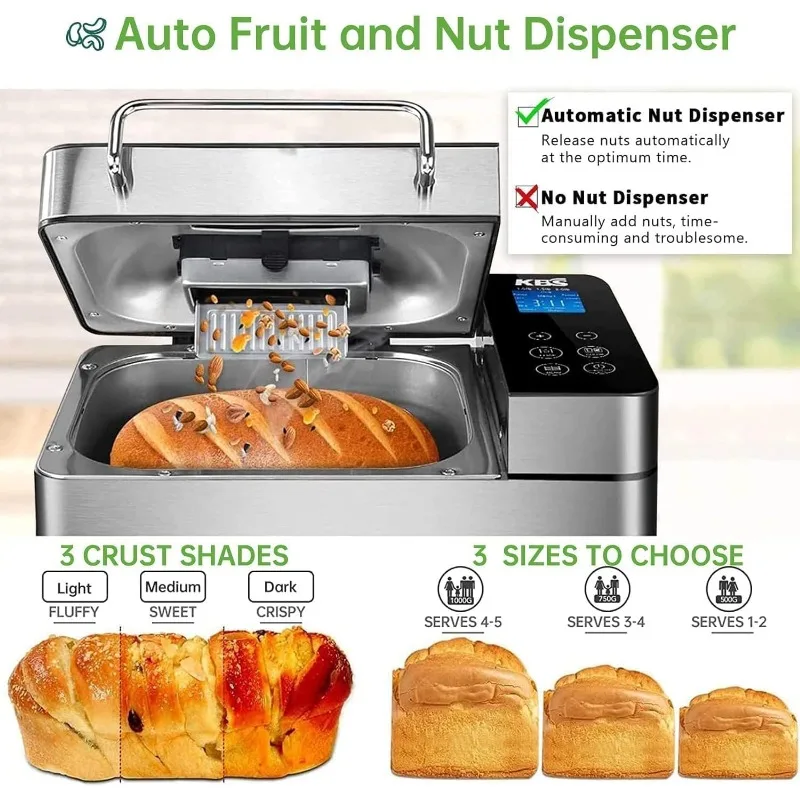 Stainless Steel Bread Machine Bread Maker with Fruit Nut Dispenser, Nonstick Ceramic Pan& Digital Touch Panel 3